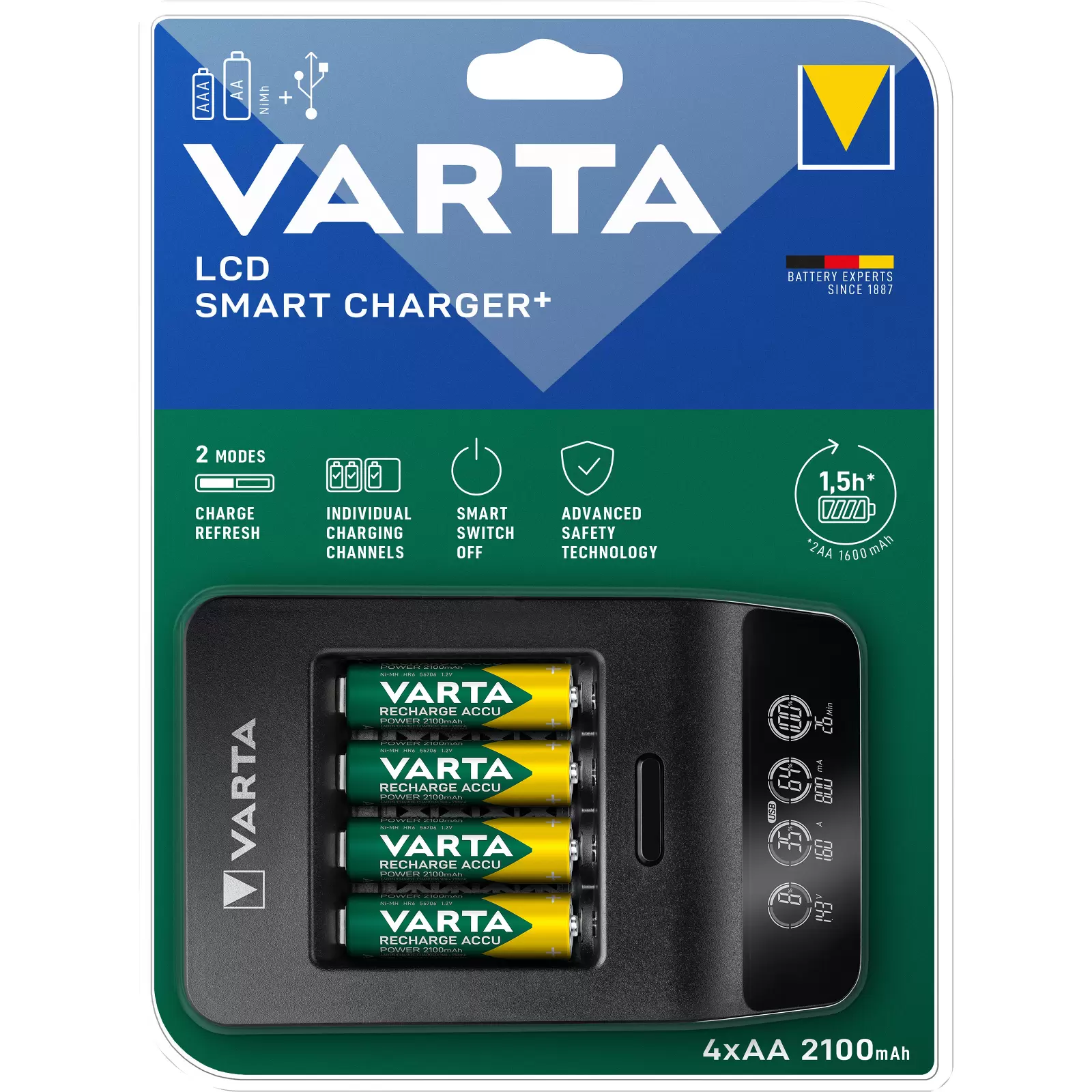 VARTA Akku Ladegerät, inkl. 4x AA 2,1Ah, LCD Smart Charger+ für wiederaufladbare AA AAA