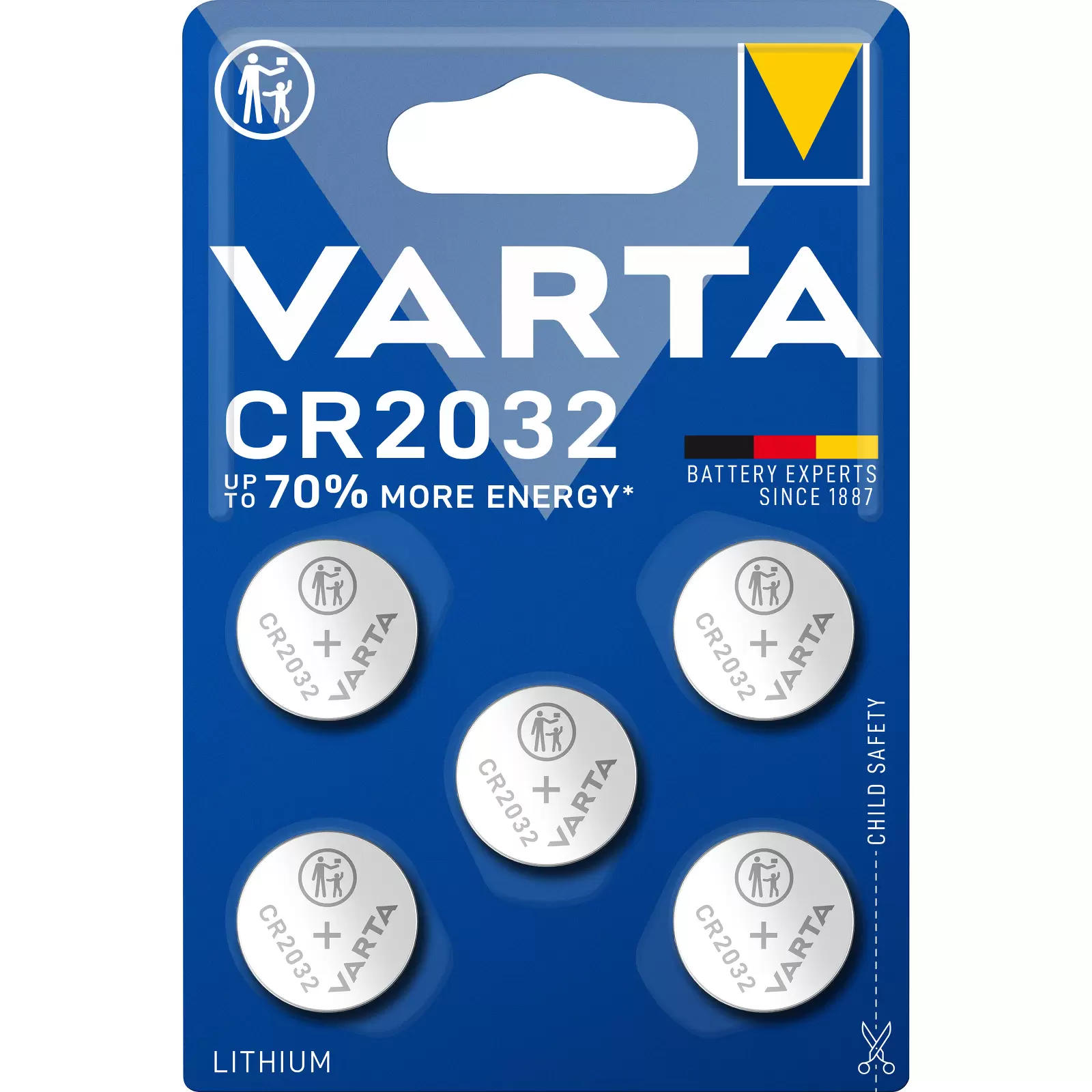 Lithium Knopfzelle Varta CR2032, ersetzt DL2032 IEC CR2032 5er Blister