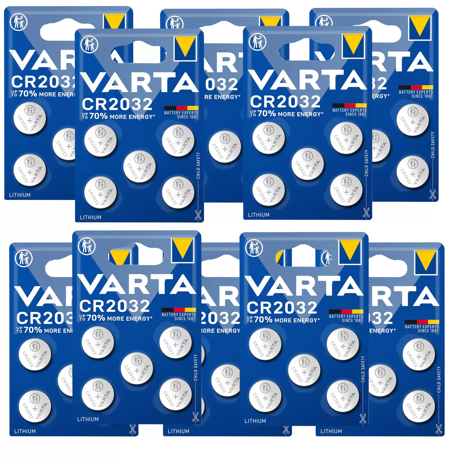 50x VARTA CR2032 DL2032 ECR2032 Lithium Knopfzellen – 10x 5er Blister für Uhren, Autoschlüssel