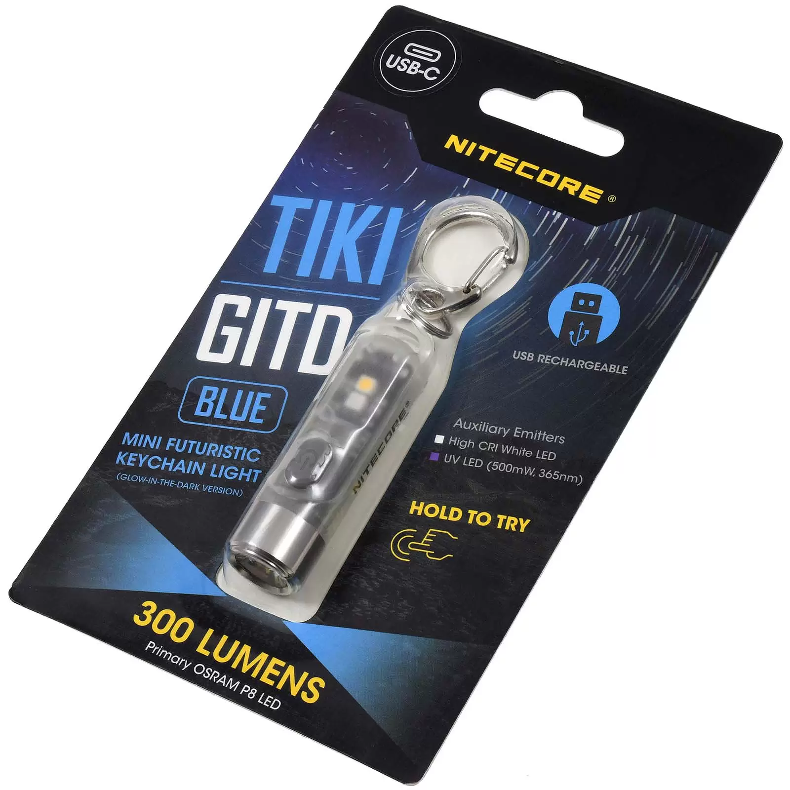 Schlüsselanhänger-Taschenlampe Nitecore TIKI GITD - Glow in the Dark, Blau, mit USB-C